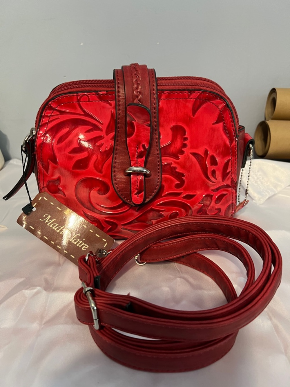 Madi Claire Red Floral Embossed Crossbody Bag with Buckle Accent NWTS